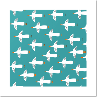 Flying white seagulls on blue background Posters and Art